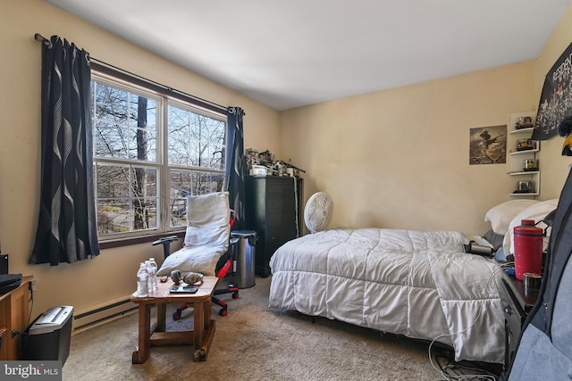 carpeted bedroom featuring a baseboard radiator