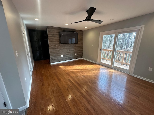 206 Mustang Ct, Gambrills, MD 21054 - unfurnished living room with baseboards, recessed lighting, ceiling fan, and wood finished floors