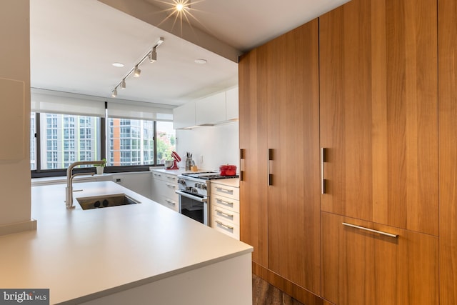 kitchen with sink, high end stainless steel range, track lighting, and white cabinets