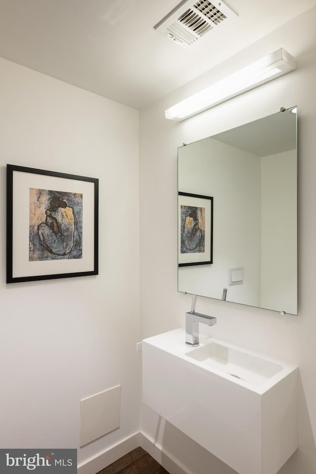 bathroom with vanity and wood-type flooring