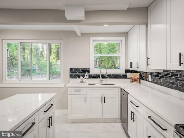 kitchen featuring white cabinets, sink, tasteful backsplash, stainless steel appliances, and light stone countertops