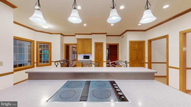 kitchen with black electric stovetop, hanging light fixtures, and crown molding