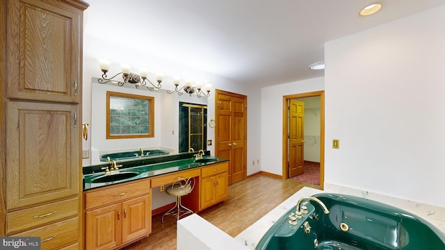 bathroom with vanity, hardwood / wood-style flooring, and a washtub