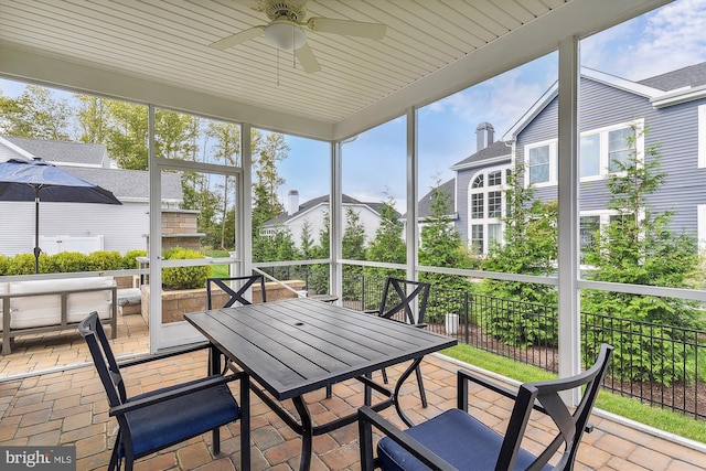 sunroom / solarium featuring ceiling fan