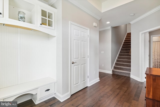 mudroom featuring crown molding and dark wood-type flooring