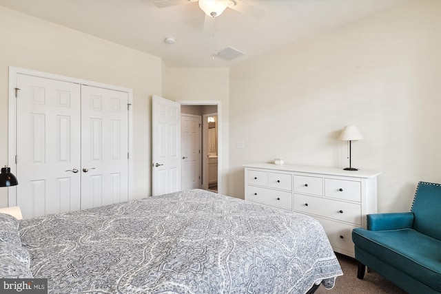 bedroom featuring ceiling fan, carpet floors, and a closet