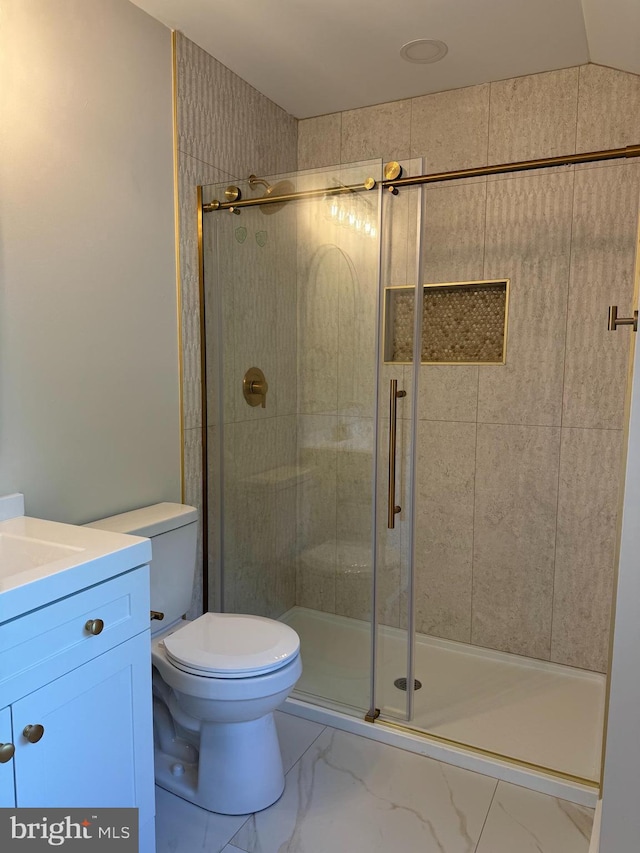 bathroom with vanity, lofted ceiling, a shower with shower door, and toilet