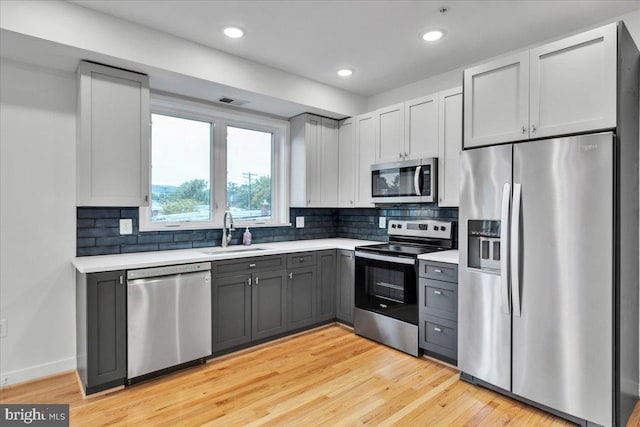 kitchen featuring gray cabinetry, appliances with stainless steel finishes, sink, light wood-type flooring, and decorative backsplash