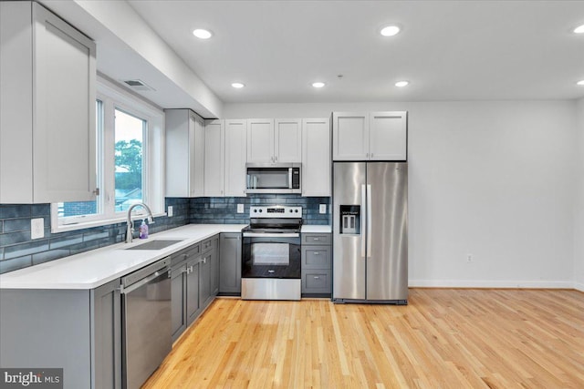 kitchen with decorative backsplash, appliances with stainless steel finishes, gray cabinets, sink, and light hardwood / wood-style floors