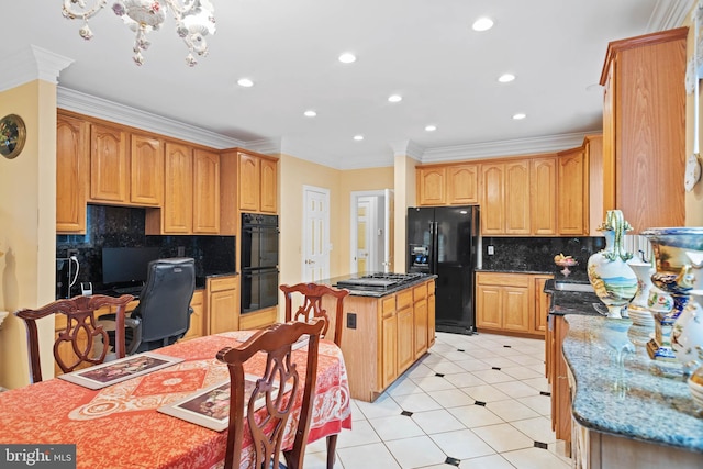 kitchen with decorative backsplash, black appliances, a center island, dark stone counters, and ornamental molding