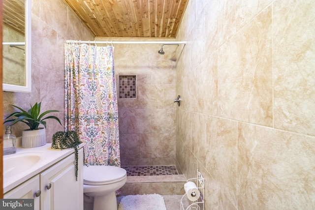 bathroom with a shower with curtain, vanity, wood ceiling, and toilet