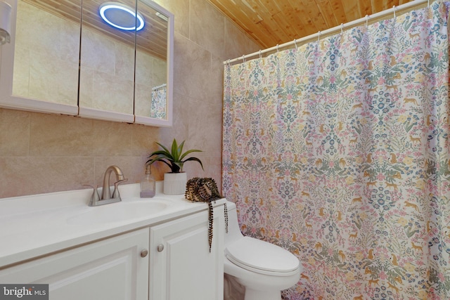 bathroom with vanity, wood ceiling, tile walls, toilet, and a shower with shower curtain