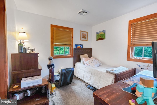 bedroom with multiple windows and carpet