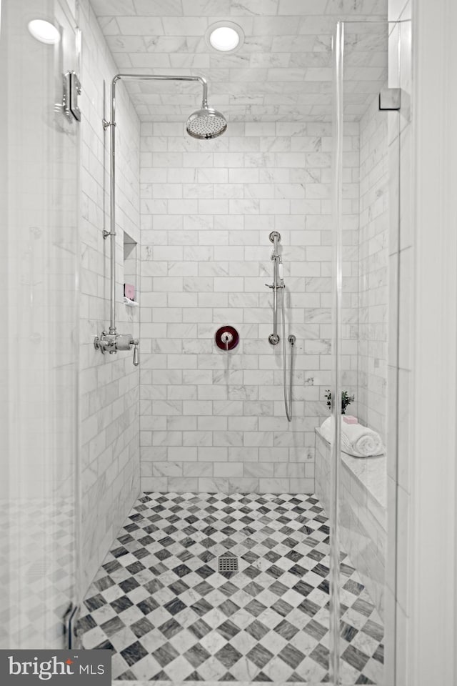 bathroom with a shower with shower door