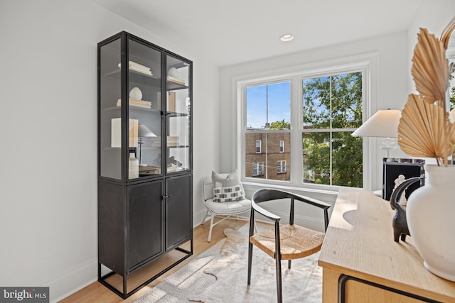 living area with light hardwood / wood-style flooring