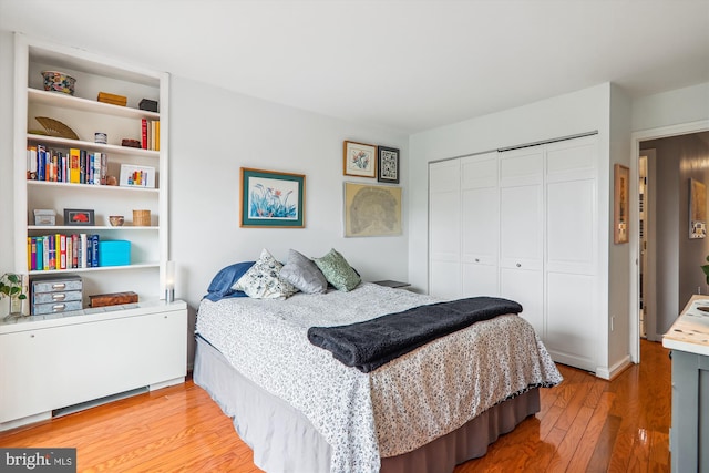 bedroom featuring light hardwood / wood-style flooring and a closet