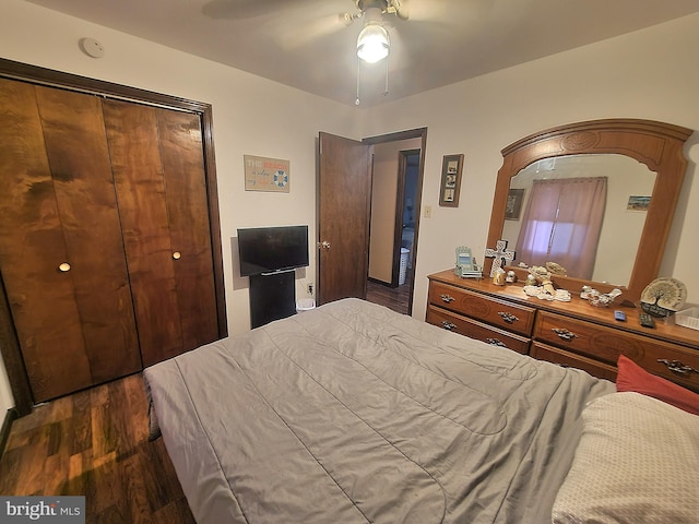 bedroom with ceiling fan, a closet, and dark hardwood / wood-style floors