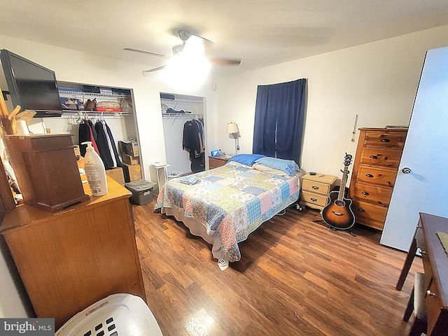 bedroom featuring wood-type flooring, a closet, and ceiling fan