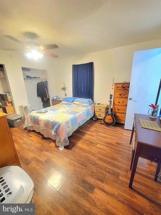 bedroom with ceiling fan, a closet, and wood-type flooring