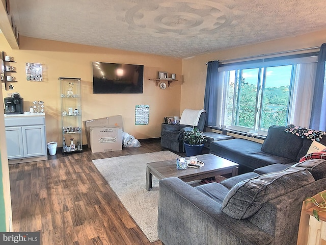 living room with dark hardwood / wood-style flooring and a textured ceiling