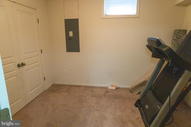 workout room featuring electric panel, baseboards, and carpet flooring