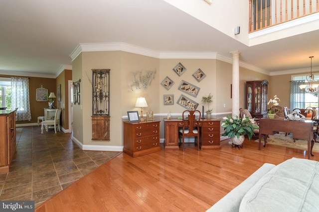 interior space featuring dark wood-type flooring, ornamental molding, and multiple windows