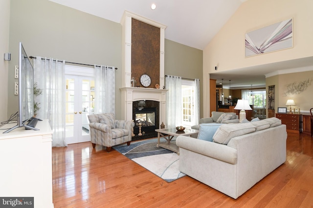 living room featuring hardwood / wood-style flooring and high vaulted ceiling