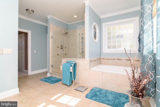 bathroom featuring ornamental molding, tile patterned flooring, and separate shower and tub