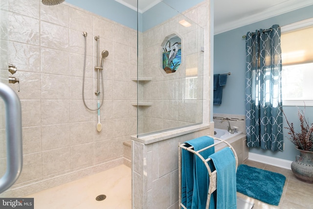 bathroom with plus walk in shower, ornamental molding, and tile patterned floors