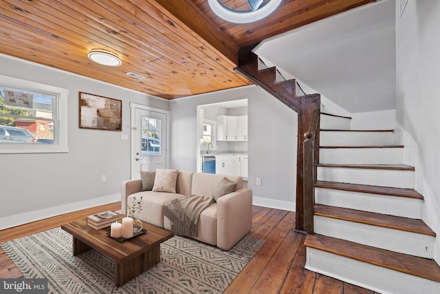 living room with wooden ceiling and dark hardwood / wood-style floors