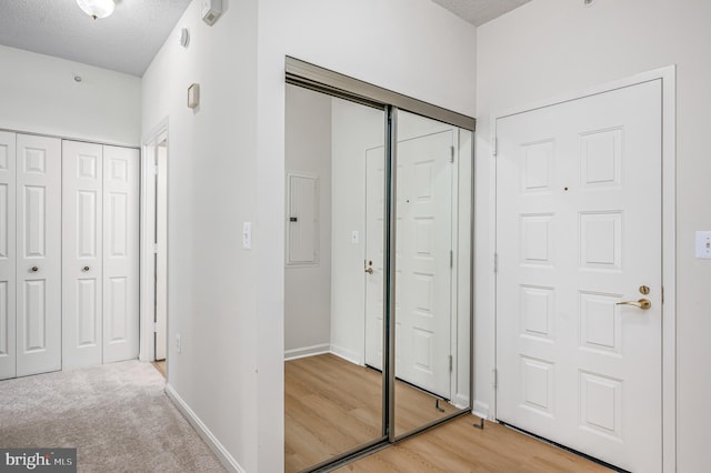 interior space with light hardwood / wood-style floors, a textured ceiling, and electric panel