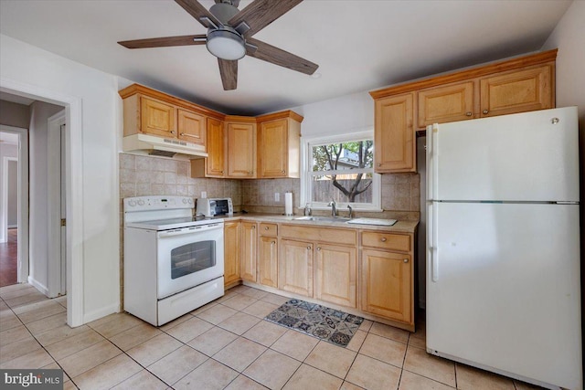 kitchen featuring decorative backsplash, ceiling fan, light tile patterned flooring, sink, and white appliances