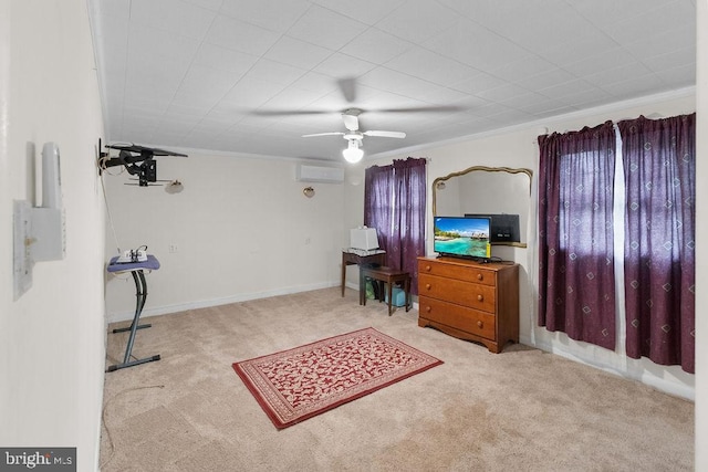 bedroom featuring a wall unit AC, light colored carpet, ceiling fan, and crown molding