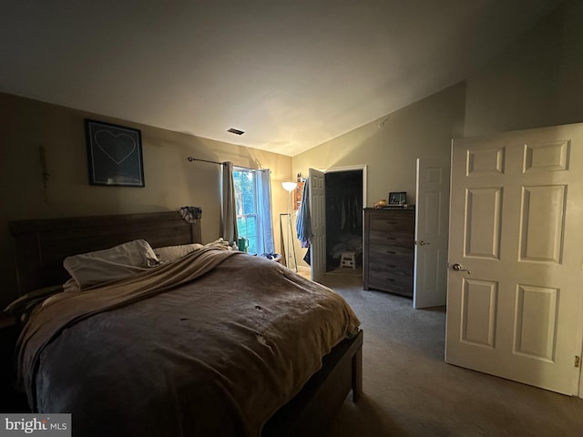 bedroom featuring carpet floors and vaulted ceiling