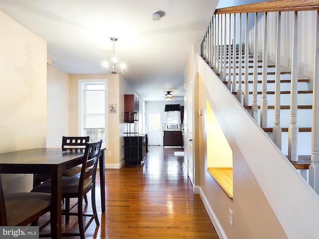 dining space with dark hardwood / wood-style flooring and ceiling fan with notable chandelier