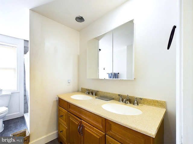 bathroom with a shower, vanity, and toilet