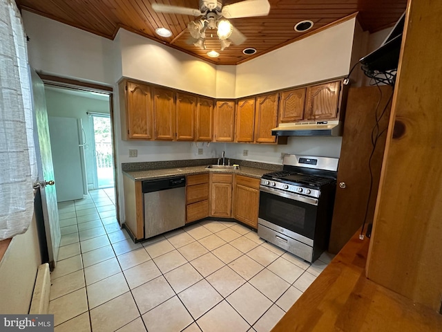 kitchen with appliances with stainless steel finishes, light tile patterned floors, wooden ceiling, ceiling fan, and sink