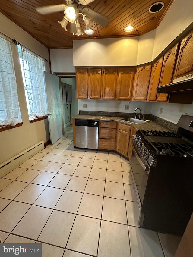 kitchen with ceiling fan, wood ceiling, sink, stainless steel dishwasher, and black range with gas stovetop