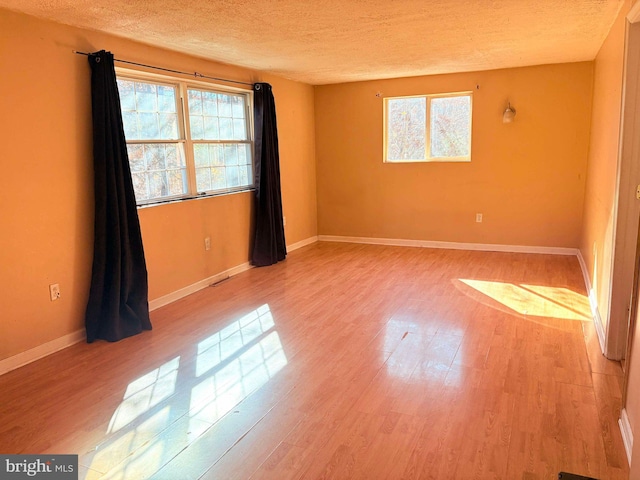 unfurnished room with plenty of natural light, a textured ceiling, and light wood-type flooring