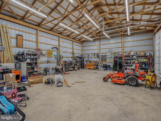 garage with a workshop area