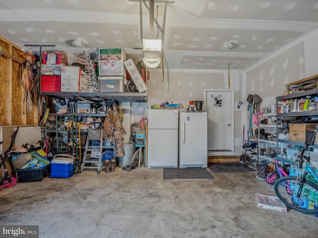 garage with white fridge