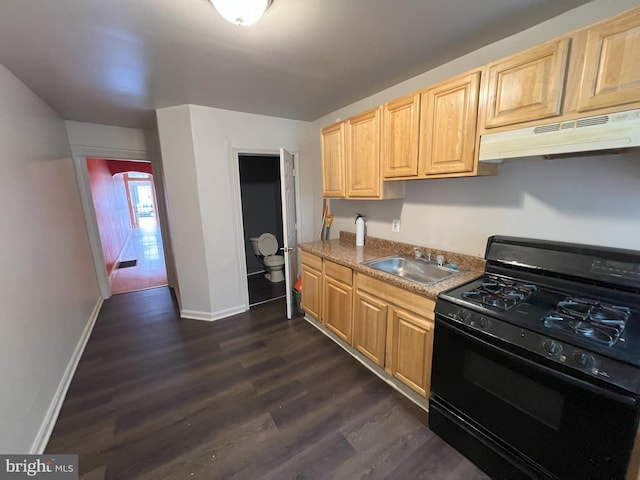 kitchen with light brown cabinetry, dark hardwood / wood-style floors, black gas range oven, and sink