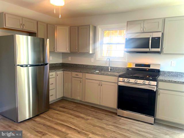 kitchen featuring ceiling fan, stainless steel appliances, sink, and light wood-type flooring