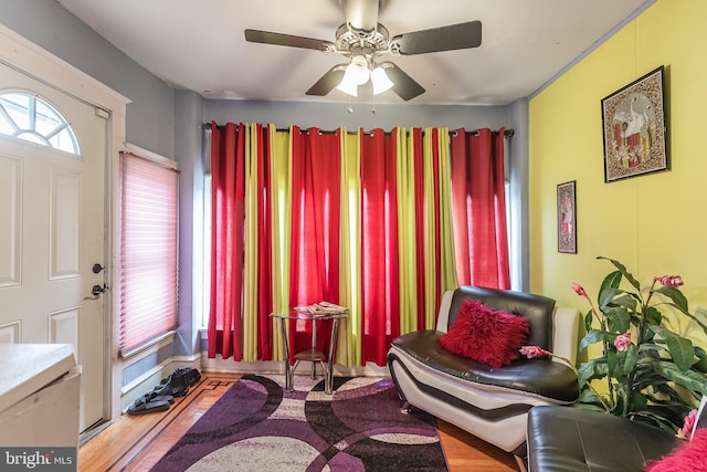 sitting room featuring light hardwood / wood-style flooring and ceiling fan