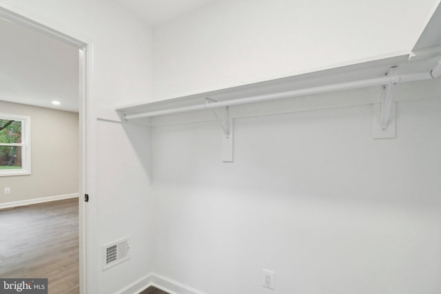 walk in closet with wood-type flooring