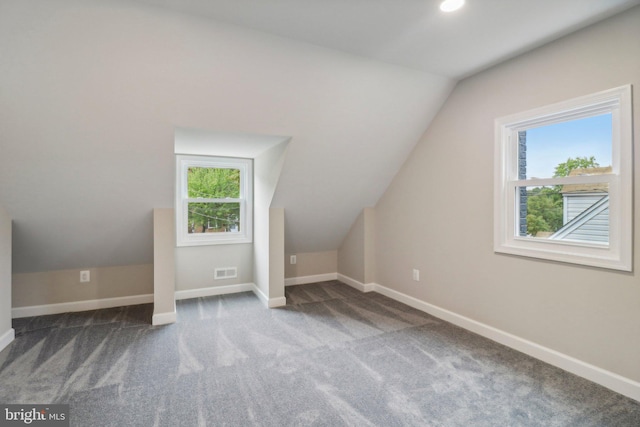 bonus room with lofted ceiling, carpet flooring, and a wealth of natural light