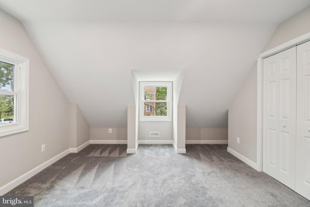 bonus room with light colored carpet, vaulted ceiling, and a wealth of natural light