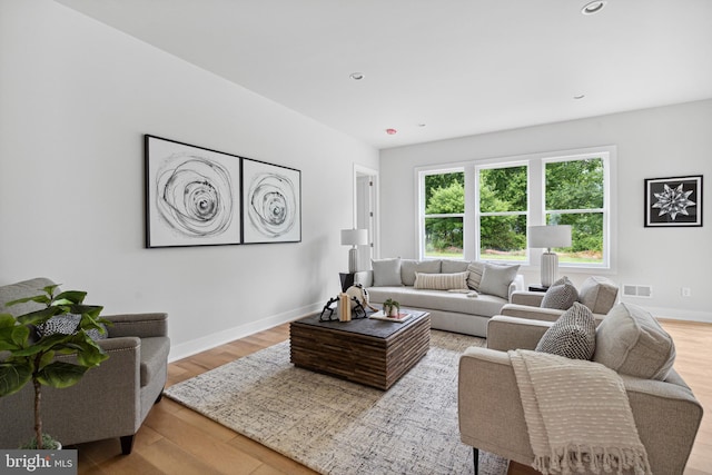 living room with light hardwood / wood-style flooring