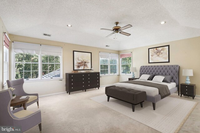 carpeted bedroom featuring multiple windows, ceiling fan, and a textured ceiling