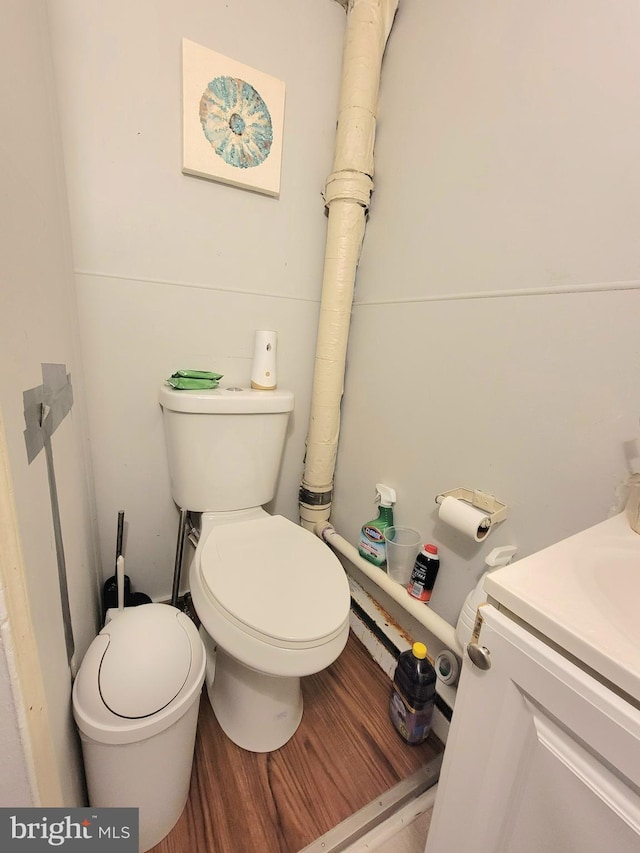 bathroom featuring toilet, vanity, and wood-type flooring